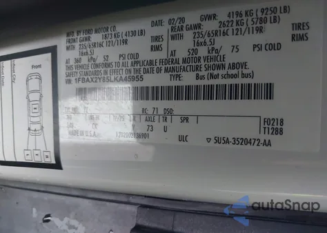 2020 Ford Transit-350 Passenger Van Xlt из США, поврежденный, VIN 1FBAX2Y85LKA45955